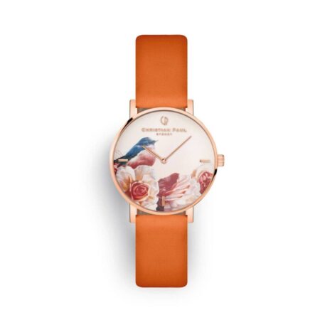 שעון לנשים "פינק רובין" בצבע רוז גולד עם רקע פריחת וציפור אדום החזה, רצועה מעור ז'מש בצבע כתום מנדרין