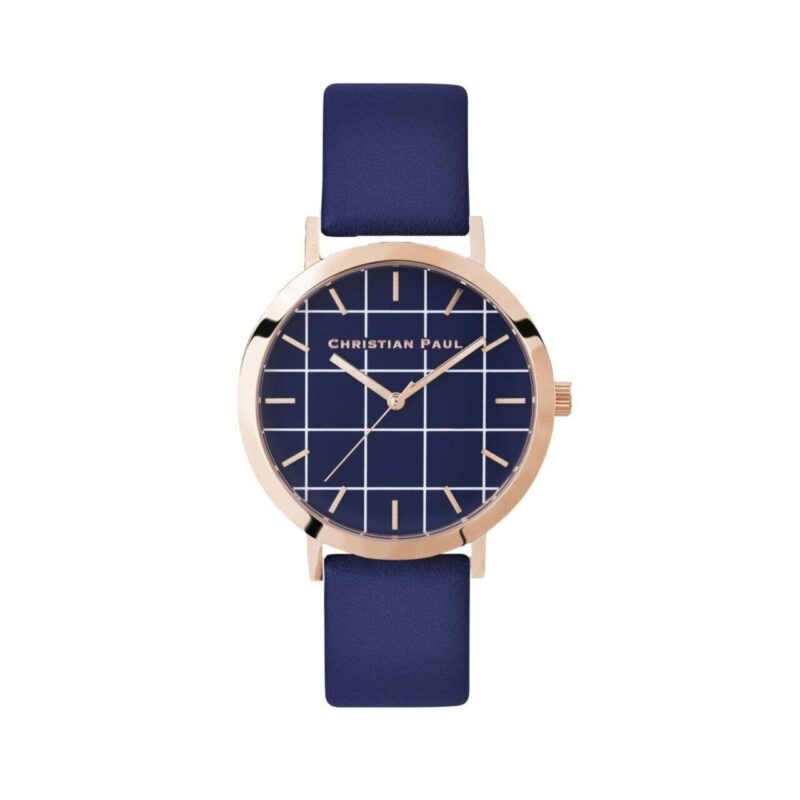 שעון לנשים "גריד בלמורל" בצבע רוז גולד עם רקע כחול משבצות ורצועה מעור בצבע כחול
