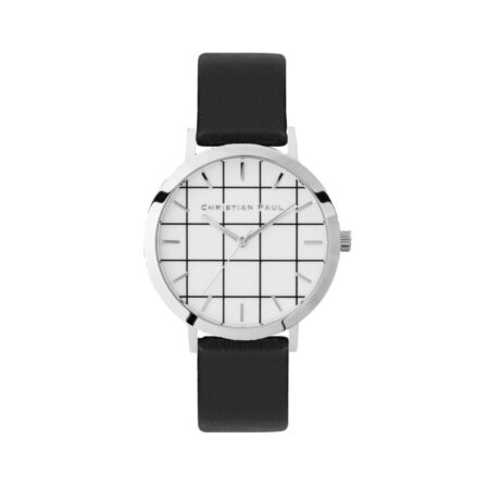 שעון לנשים "גריד אלווד" בצבע כסף עם רקע לבן משבצות ורצועה מעור בצבע שחור