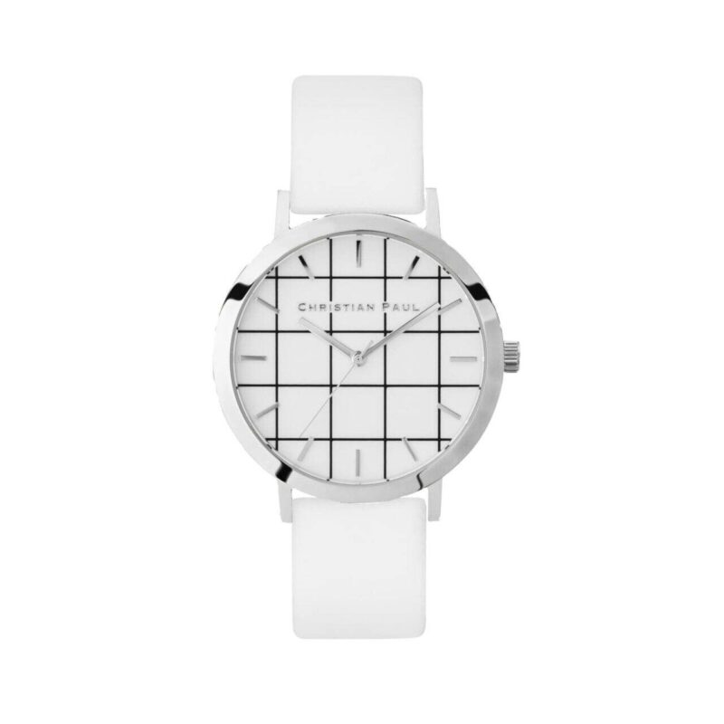 שעון לנשים "גריד היימן" בצבע כסף עם רקע לבן משבצות ורצועה מעור בצבע לבן